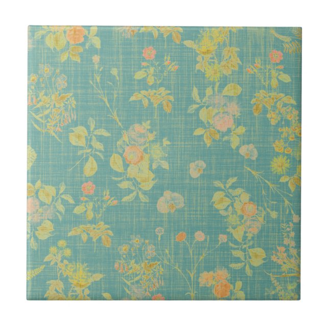 Vintage Distress Teal Vår Blommönster Kakelplatta (Framsidan)