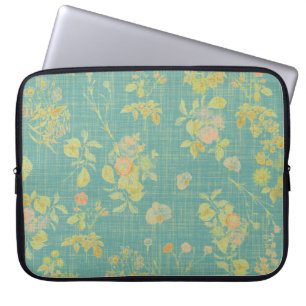 Vintage Distress Teal Vår Blommönster Laptop Fodral