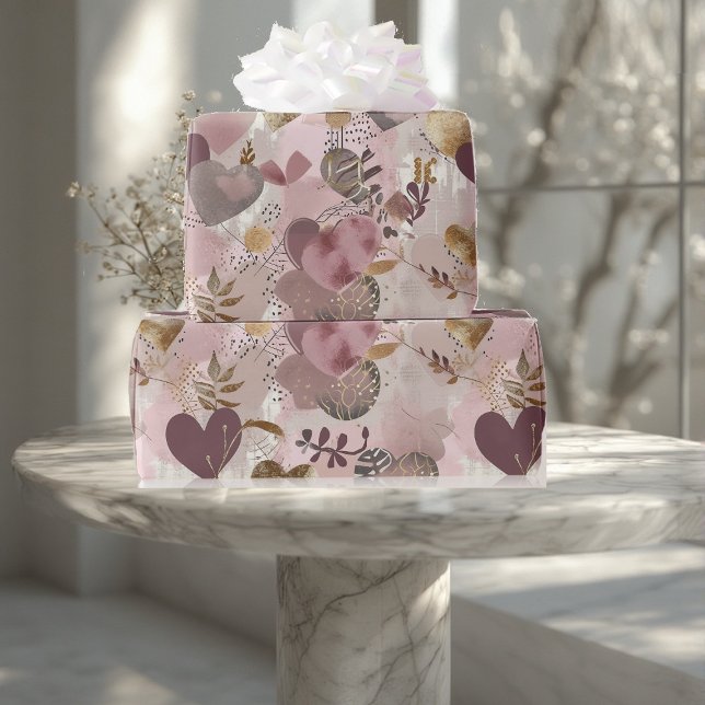 Vintage Distressed Romantic Muted Earthy Hearts  Presentpapper (Vintage Distressed Romantic Muted Earthy Hearts Wrapping Paper)