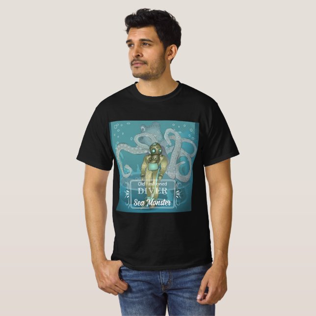 Vintage Diver och havsmonster T Shirt (Hel framsida)