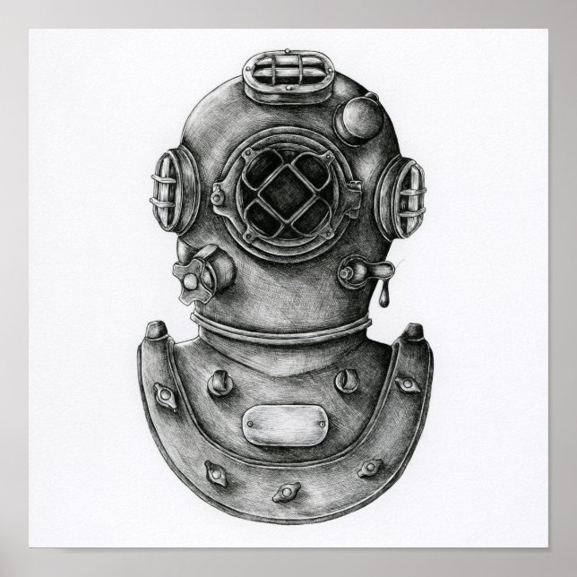 Vintage Diving Helmet Illustration Poster (Framsidan)