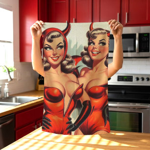Vintage Djävulen Girls Illustration Kökshandduk