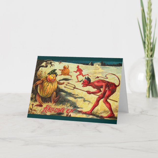 Vintage Djävulen jagar Goblins, Halloween Cheer! Kort (Framsida)