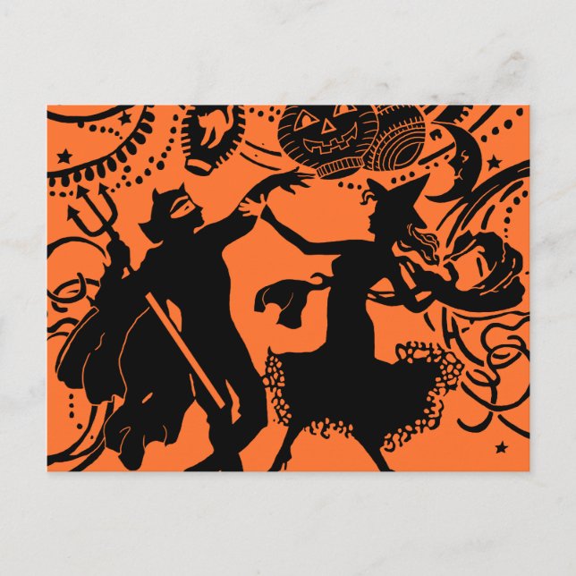 Vintage Djävulen Witch Dance Silhouette Illustrati Vykort (Framsida)