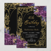 Vintage Djup Lila Blommigt Antique Guld Birthday 