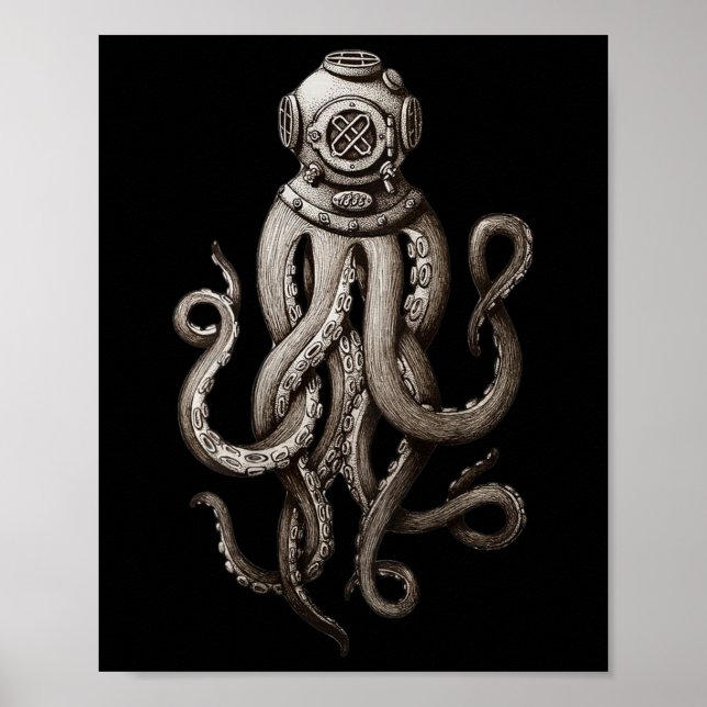Vintage Djuphavsdykare Cthulhu Octopus Poster (Framsidan)