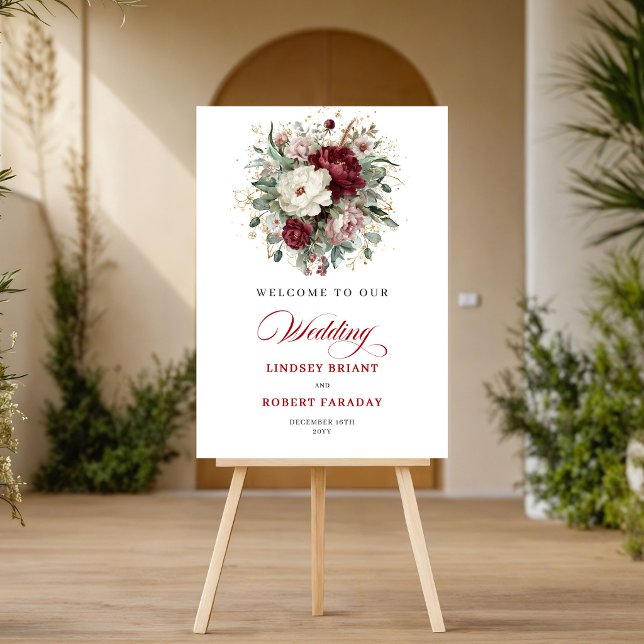 Vintage djupröd blomstergrönska välkomstskylt poster (Vintage Deep Red Floral Greenery Welcome Sign)