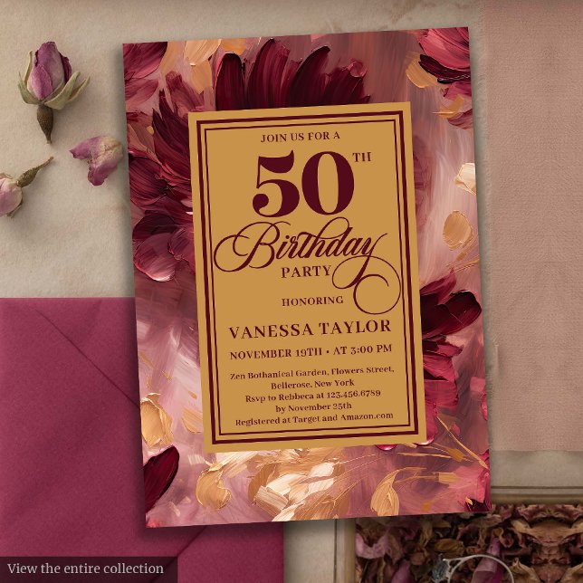 Vintage djupt röd  guld blommigt 50 födelsedag inbjudningar (Vintage deep red blush gold floral 50th birthday card

)