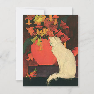 Vintage Djur, Elegant Vit Katt, Höstblommor