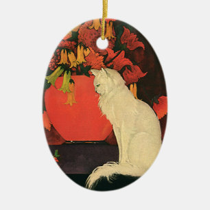 Vintage Djur, Elegant Vit Katt, Höstblommor Julgransprydnad Keramik