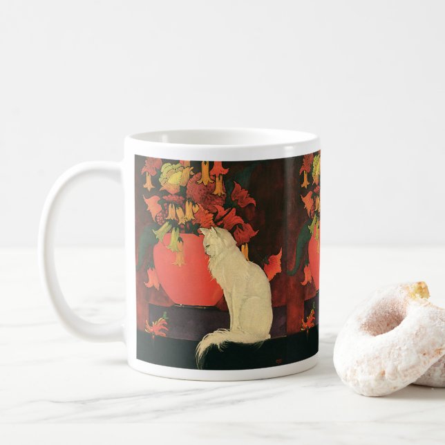 Vintage Djur, Elegant Vit Katt, Höstblommor Kaffemugg (Med munk)