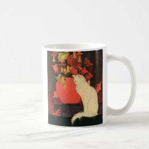 Vintage Djur, Elegant Vit Katt, Höstblommor Kaffemugg