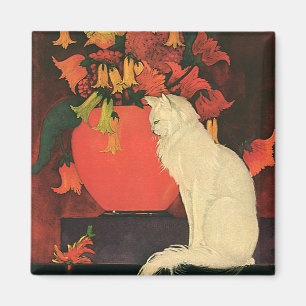 Vintage Djur, Elegant Vit Katt, Höstblommor Magnet