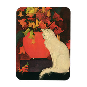 Vintage Djur, Elegant Vit katt, höstblommor Magnet