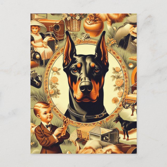 Vintage Doberman Illustration Vykort (Framsida)