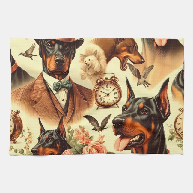 Vintage Doberman Seamless Illustration Kökshandduk (Horisontell)