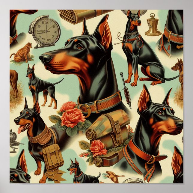 Vintage Doberman Sömlös målning Poster (Framsidan)