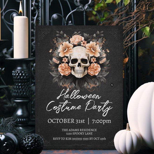 Vintage Dödskalle Halloween Inbjudningar (Elegant vintage style Halloween party invitations.)