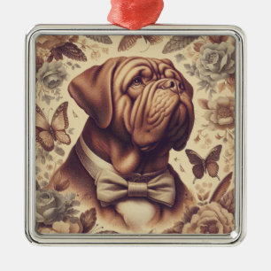 Vintage Dogue de Bordeaux Illustration Julgransprydnad Metall
