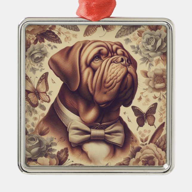 Vintage Dogue de Bordeaux Illustration Julgransprydnad Metall (Framsidan)