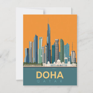 Vintage Doha Qatar Skyline Travel Poster Vykort