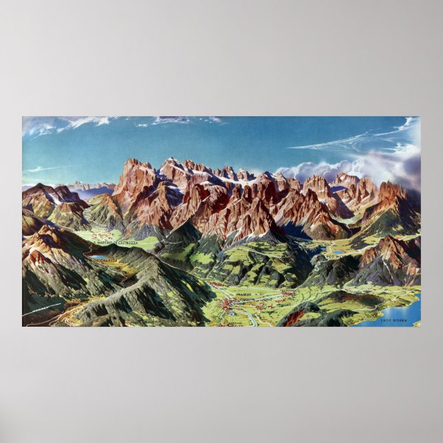 Vintage Dolomites Italien Relief Karta Poster (Framsidan)