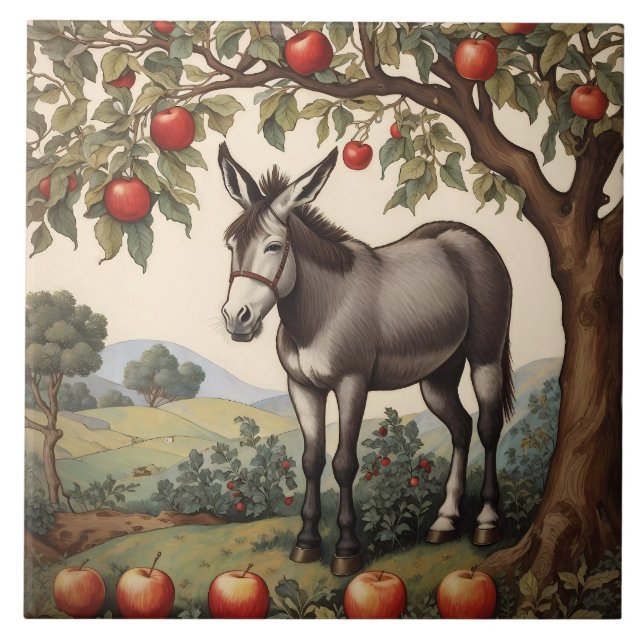 Vintage Donkey under a Apple Träd Kakelplatta (Framsidan)
