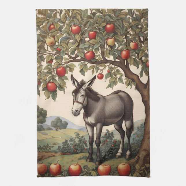 Vintage Donkey under a Apple Träd Kökshandduk (Vertikal)