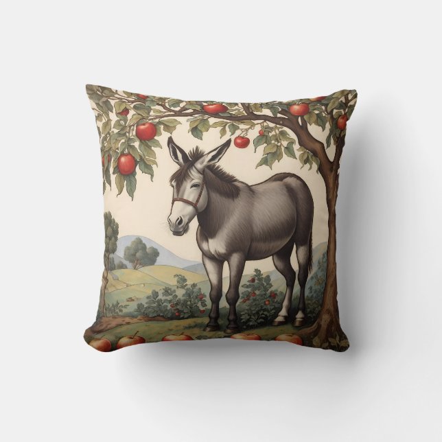 Vintage Donkey under a Apple Träd Kudde (Framsida)