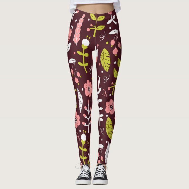 Vintage Doodle Blommigt Sömlös Mönster Leggings (Framsida)