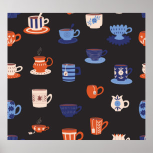 Vintage Doodle Kopp Sömlös bakgrund Poster