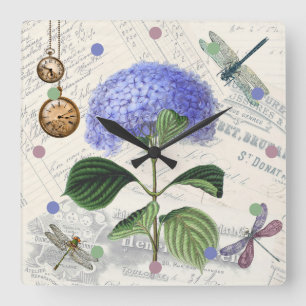 Vintage Dragonflies Blommigt Shabby chic Rustic Ch Fyrkantig Klocka