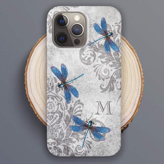 Vintage Dragonflies Grunge Damask med Monogram (Skapare uppladdad)