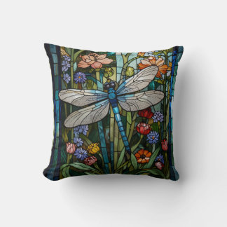 Vintage Dragonfly art blommigt botaniskt fläckglas Kudde