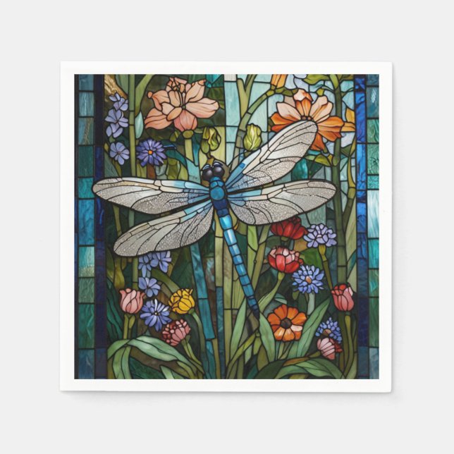 Vintage Dragonfly art blommigt botaniskt fläckglas Pappersservett (Framsidan)