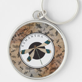 Vintage Dragonfly Distress Entomology Monogram Rund Silverfärgad Nyckelring