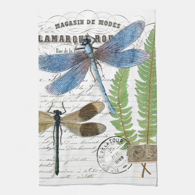 Vintage Dragonfly Fern Fransk Kökshandduk (Vertikal)