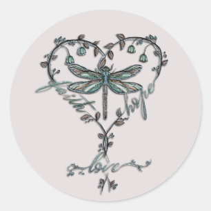 Vintage Dragonfly Heart Faith Hope Kärlek Runt Klistermärke