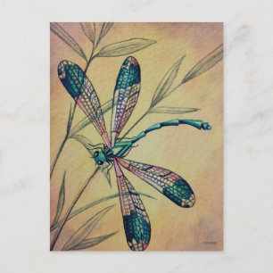 Vintage Dragonfly No. 4 Foliage Watercolor Art. Vykort