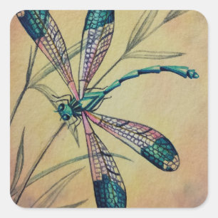 Vintage Dragonfly No 4 och Foliage Watercolor Art Fyrkantigt Klistermärke