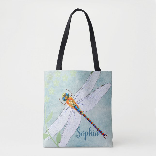 Vintage Dragonfly på bakgrunden till den inmatade  Tygkasse (Framsida)