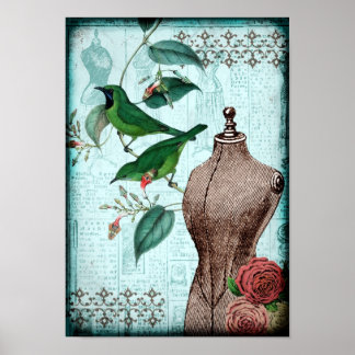 Vintage Dress från fåglar Poster