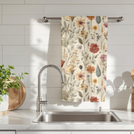 Vintage Dried Wildflower Burgundy Pink Yellow Kökshandduk