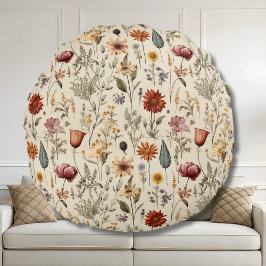 Vintage Dried Wildflower Burgundy Pink Yellow Rund Kudde