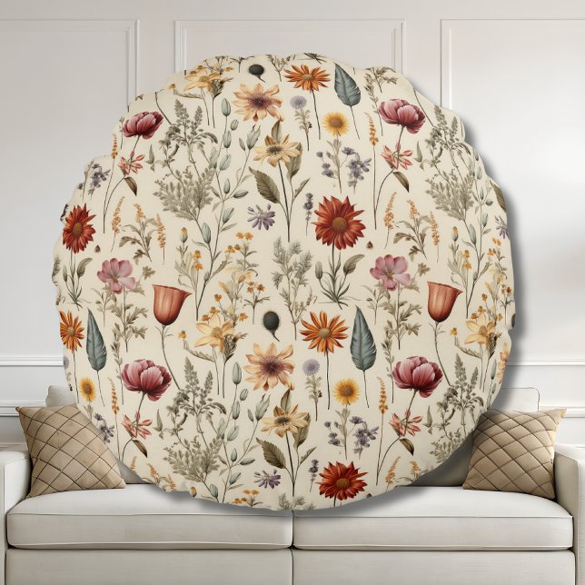 Vintage Dried Wildflower Burgundy Pink Yellow Rund Kudde (Skapare uppladdad)