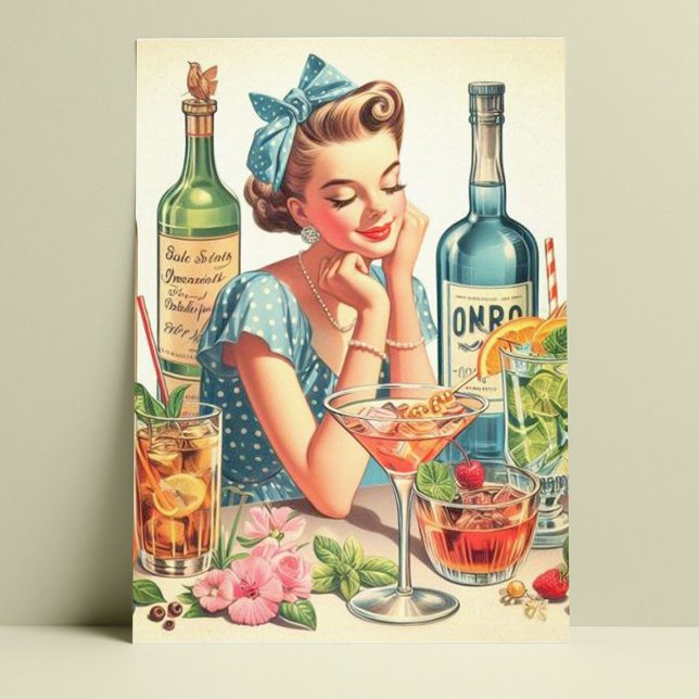 Vintage Drink Girl Illustration Vykort (Skapare uppladdad)