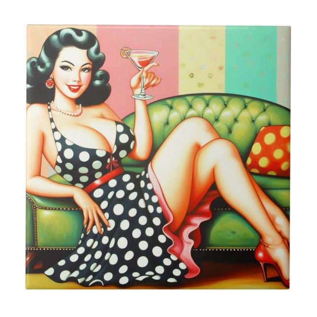 Vintage Drink Girl Kakelplatta (Framsidan)