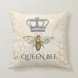 Vintage drottning Bee med Royal Krona Bee Hive Kudde