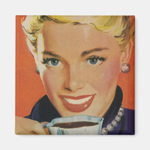 Vintage drycker, lycklig kvinna med kopp kaffe magnet