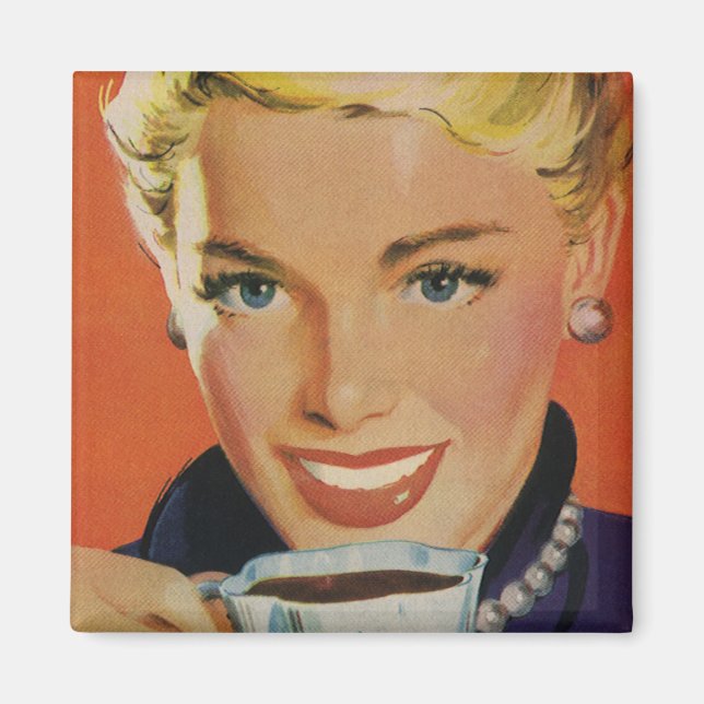 Vintage drycker, lycklig kvinna med kopp kaffe magnet (Framsidan)